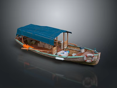 Traditional Wooden Boat With Blue Canopy Lifebuoy Orange Items And Interior Seats 3d model