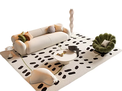 Modern Beige Sofa And Coffee Table With Green Armchair Black White Spotted Rug And Pillows 3d model