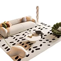 Modern Beige Sofa And Coffee Table With Green Armchair Black White Spotted Rug And Pillows