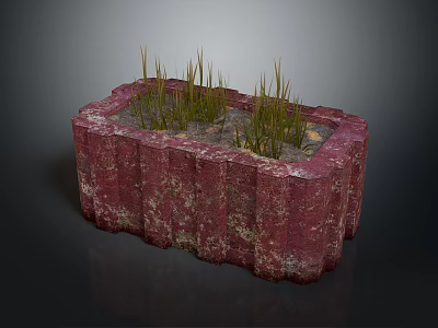 Green Grass Like Plants Growing In Red Rectangular Stone Planter With Mottled Texture 3d model
