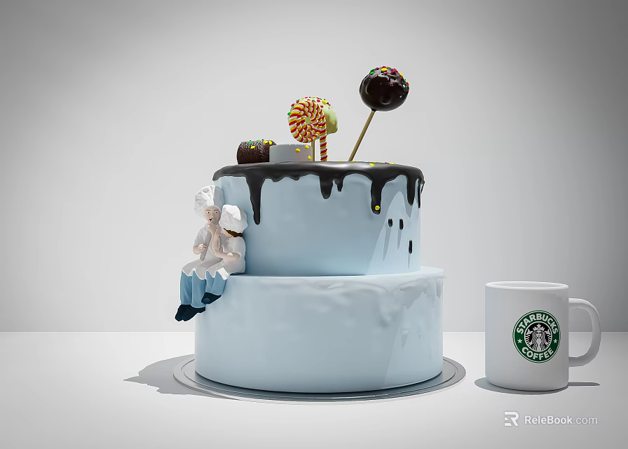 Light Blue Double Layer Cake With Black Icing Drizzle Lollipop Chocolate Ball And Starbucks Mug 3d model 