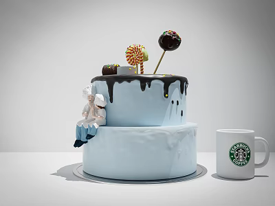 Light Blue Double Layer Cake With Black Icing Drizzle Lollipop Chocolate Ball And Starbucks Mug 3d model