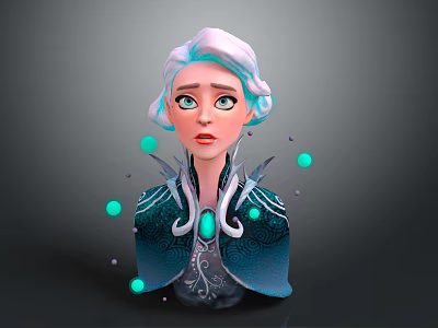 Magical Creature Character With White Blue Hair Ornate Blue Clothing And Glowing Green Purple Orbs 3d model