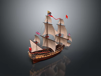 Vintage Sailing Ship With Multiple White Sails Colorful Flags Wooden Hull And Calm Water Reflection 3d model