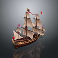 Vintage Sailing Ship With Multiple White Sails Colorful Flags Wooden Hull And Calm Water Reflection