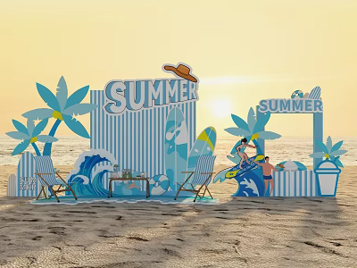 Summer Beach Photo Check-in Spot With Striped Backdrop Palm Trees Surfboards And Beach Chairs 3d model