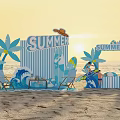 Summer Beach Photo Check-in Spot With Striped Backdrop Palm Trees Surfboards And Beach Chairs