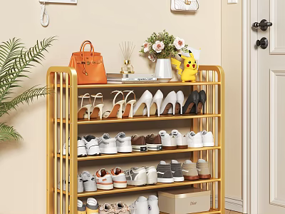 Golden Multi Tiered Shoe Rack Organizing Shoes Accessories With Decorative Items And Green Plant 3d model
