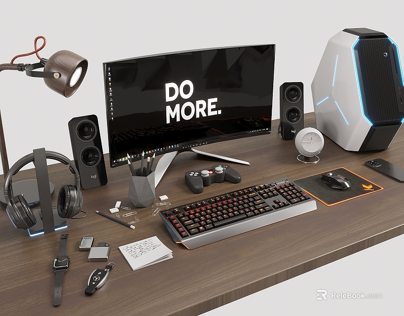 Modern Gaming Computer Setup with Monitor Keyboard Mouse Headphones Speakers and PC Accessories on Desk 3d model 