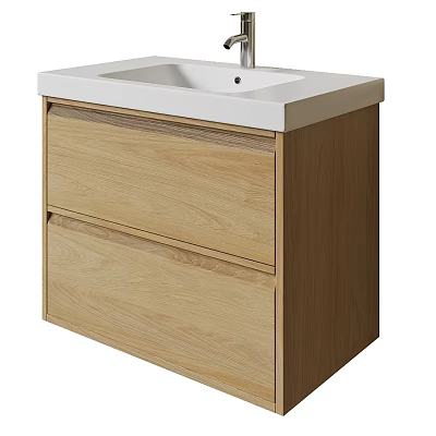 Wooden Bathroom Vanity With Two Drawers White Countertop And Built-in White Sink 3d model