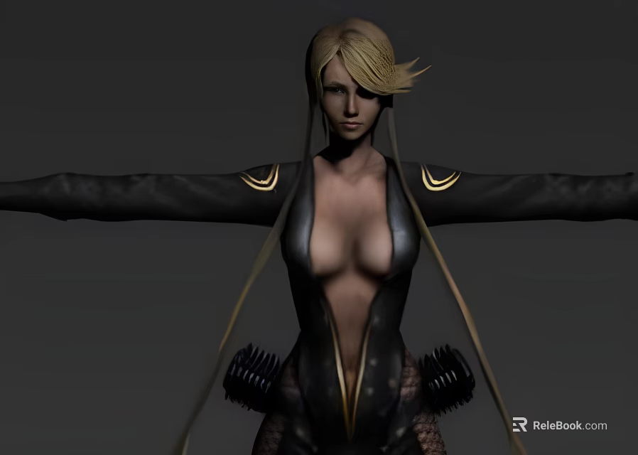 Game Movie Character With Blonde Hair Arms Outstretched Black Bodysuit Gold Accents And Mechanical Elements 3d model 