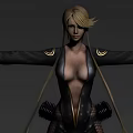 Game Movie Character With Blonde Hair Arms Outstretched Black Bodysuit Gold Accents And Mechanical Elements
