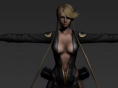 Game Movie Character With Blonde Hair Arms Outstretched Black Bodysuit Gold Accents And Mechanical Elements 3d model