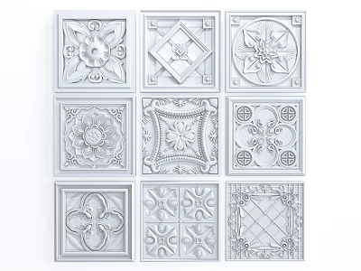 White Carved Decorative Panels with Various Floral and Geometric Patterns for Interior Decoration 3d model