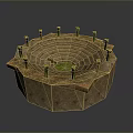 Circular Multi Layered Stone Outdoor Decorative Structure With Green Pillars And Central Green Area