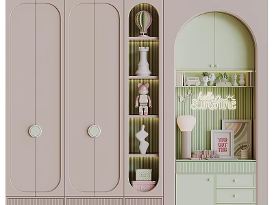 Modern Decorative Cabinet Featuring Light Pink Green Arched Design Round Handles And Shelves With Decorations 3d model