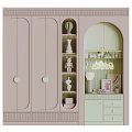 Modern Decorative Cabinet Featuring Light Pink Green Arched Design Round Handles And Shelves With Decorations