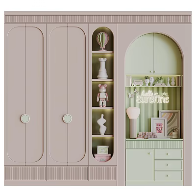 Modern Decorative Cabinet Featuring Light Pink Green Arched Design Round Handles And Shelves With Decorations 3d model