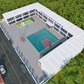 Modern Industrial Factory Building With Blue Windows Green Vegetation Parking Lot And Basketball Court