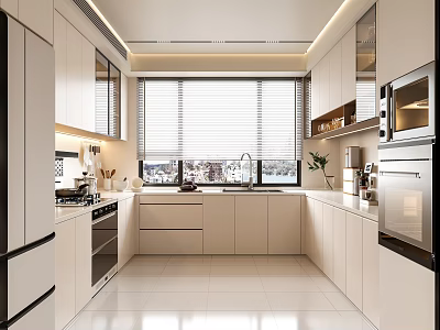 Modern Open Concept Kitchen Interior Design With White Cabinets And Stainless Steel Appliances 3d model