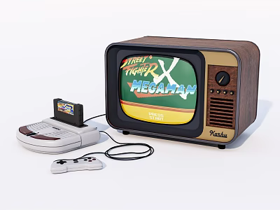 Vintage Retro TV with Wooden Case Game Console and Street Fighter X Mega Man 3d model