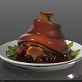 Delicious Braised Pork Knuckle with Shiny Glaze on White Plate and Fresh Leaves