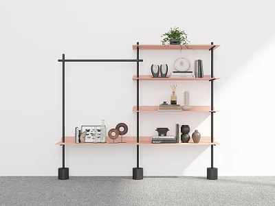 Modern Tiered Storage Shelf with Wooden Shelves Black Frame Potted Plant Decorative Items and Books 3d model