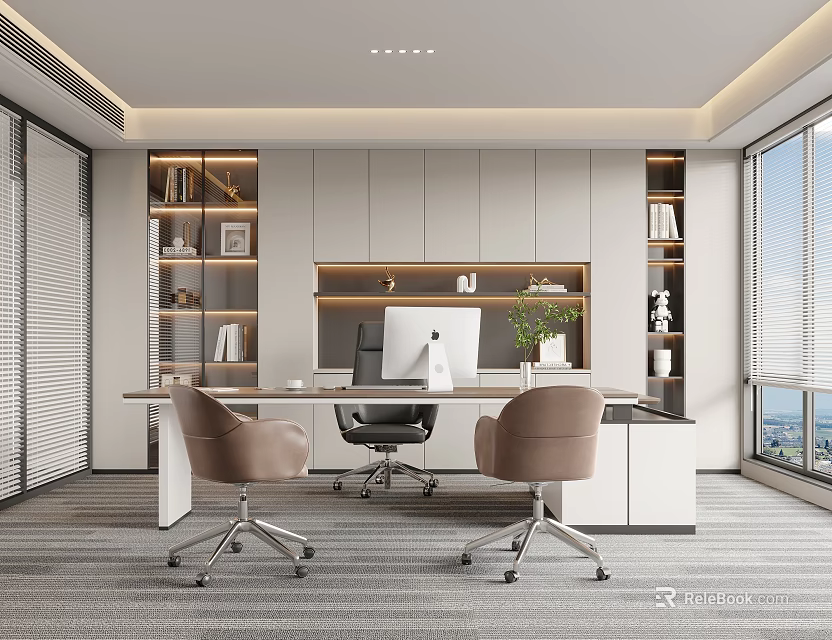 Modern Office Interior Design with Open Layout Large Windows Desk Chairs Bookshelves and Plants 3d model 