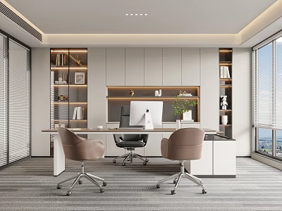 Modern Office Interior Design with Open Layout Large Windows Desk Chairs Bookshelves and Plants 3d model