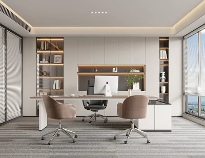 Modern Office Interior Design with Open Layout Large Windows Desk Chairs Bookshelves and Plants 3d model