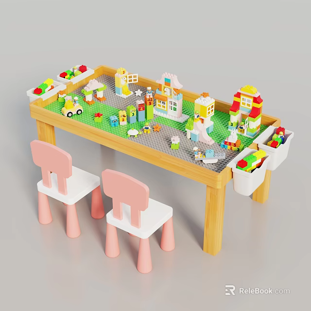 Kids Building Blocks Play Table With Pink Chairs Drawers And Toy Structures 3d model 