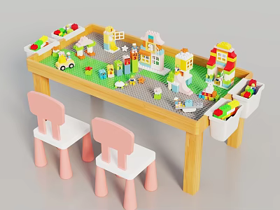 Kids Building Blocks Play Table With Pink Chairs Drawers And Toy Structures 3d model