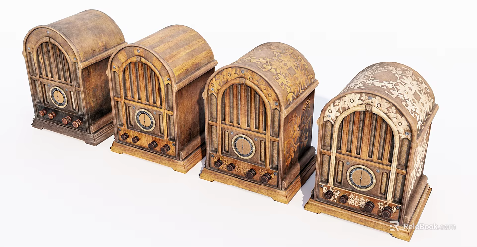 Vintage Wooden Radios With Carved Designs Multiple Retro Collectibles For Home Use 3d model 