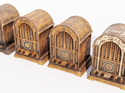 Vintage Wooden Radios With Carved Designs Multiple Retro Collectibles For Home Use 3d model