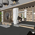 Chinese Style Lobby Interior With Wooden Decor Round Mirror Lanterns Green Plants And Bookshelves