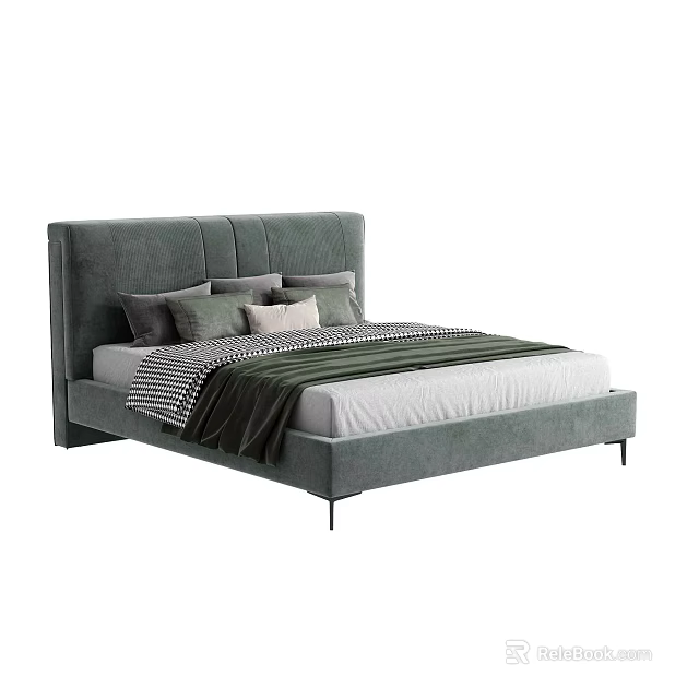 Modern Double Bed Frame With Upholstered Gray Headboard And Soft Bedding Pillows 3d model