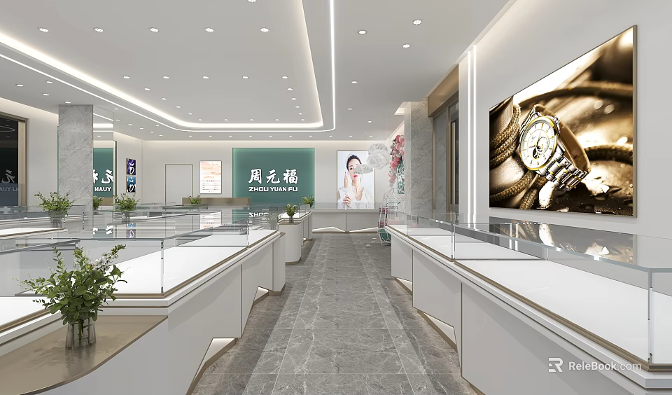 Luxury Jewelry Store Interior With Glass Display Cases And Elegant Lighting 3d model 