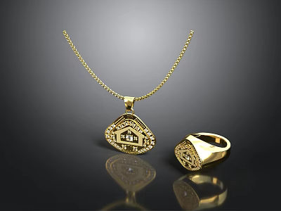 Gold Jewelry Set With Intricate Pendant Necklace And Detailed Ring Design 3d model