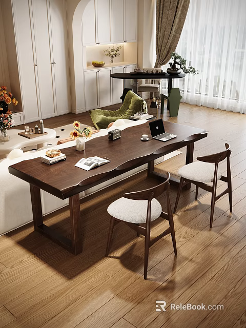 Modern Living Room Wooden Table And Chairs Set With Laptop Magazines And Decor 3d model 