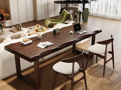 Modern Living Room Wooden Table And Chairs Set With Laptop Magazines And Decor 3d model