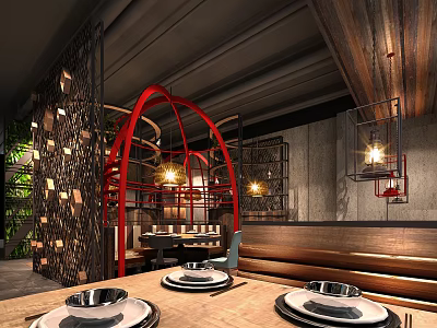 Stylish Restaurant Interior Design With Red Arch Wooden Ceiling Metal Decor And Warm Lighting 3d model