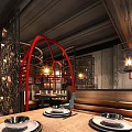 Stylish Restaurant Interior Design With Red Arch Wooden Ceiling Metal Decor And Warm Lighting
