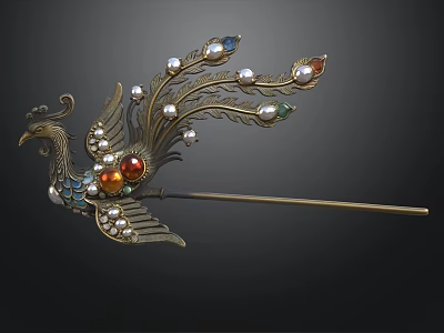 Exquisite Phoenix Shaped Hairpin Decorated With Colorful Gemstones And Pearls 3d model
