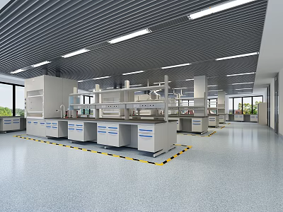 Modern Laboratory Interior Design With Benches Fume Hoods And Ceiling Lighting 3d model