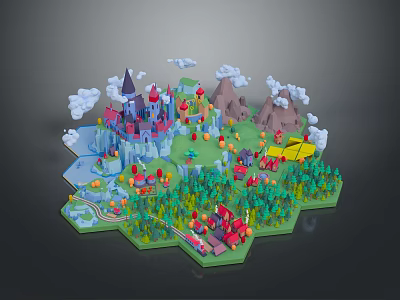 3D Architectural Components Featuring Castle Towers Mountain Green Trees And Cloud Elements 3d model