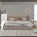 Bright Bedroom With Beige Bed White Bedding Brown Throw Geometric Rug Large Windows And Plants