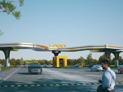 Modern Entrance Gate Structure With LOGO Vehicles Passing And Trees Along Road 3d model