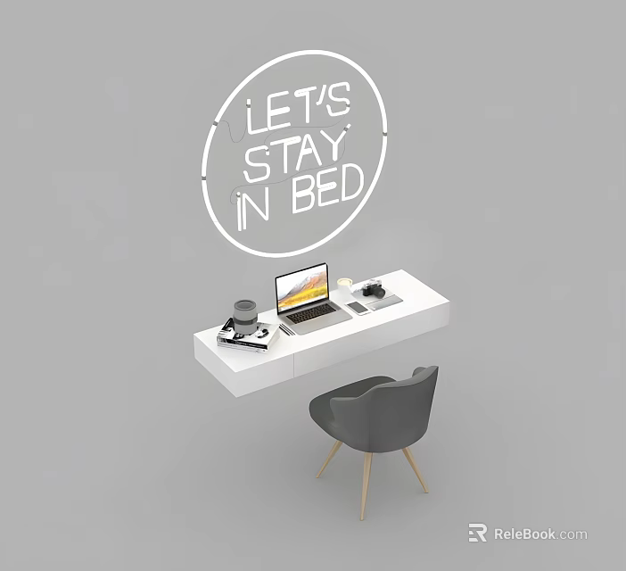 Modern Home Office Desk And Chair Set With Laptop Coffee Cup And Wall Decor Text 3d model 