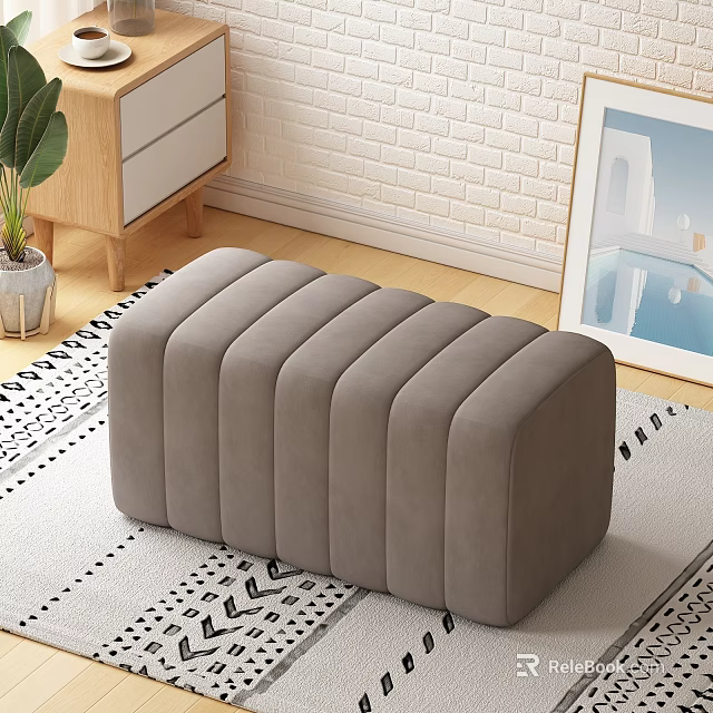 Grey Padded Shoe Bench With Vertical Stripe Design For Home Entryway 3d model 