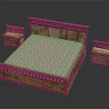 Wooden Double Bed With Carved Headboard Footboard And Patterned Mattress Plus Bedside Tables